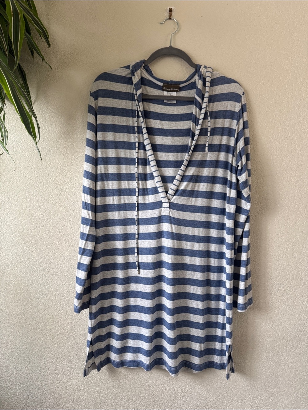 Tommy Bahama blue and gray striped hooded swimsuit coverup, size L